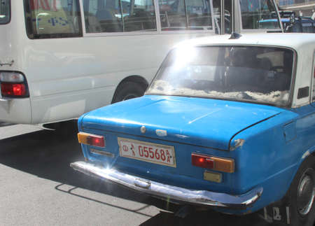 A colorful blue and white taxi in Addis Ababa, an old russian Lada car, february 2015のeditorial素材