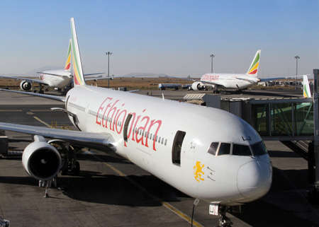 An airplane of Ethiopian Airlines in Addis Ababa airport, Ethiopia, february 2015のeditorial素材