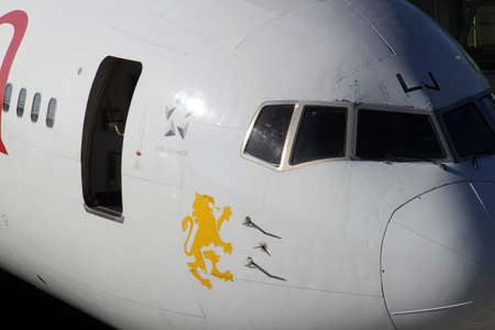 Front view of the Ethiopian Airlines plane docked in Addis Ababa, Ethiopia, february 2015のeditorial素材