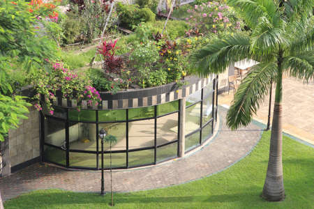 A tropical garden with exotic plants and flowers in a hotelのeditorial素材