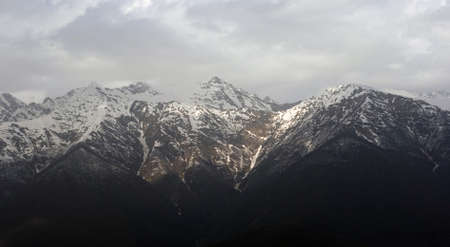 View of Caucasus mountains covered with snow capsの写真素材