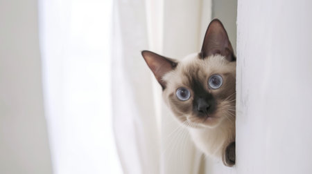 Burmese cat peeking around corner 4の写真素材
