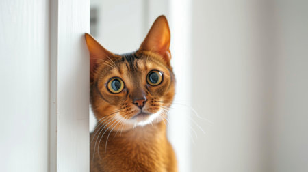Abyssinian Cat peeking around corner 2の写真素材