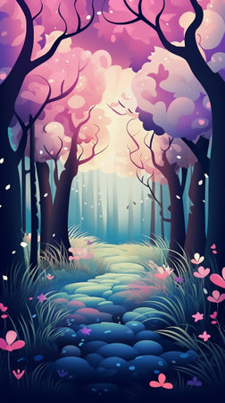 An enchanted spring forest with pathwayのイラスト素材