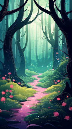 An enchanted spring forest with pathwayのイラスト素材