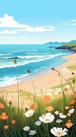 A beach scenery during early spring with blooming wildflowersのイラスト素材