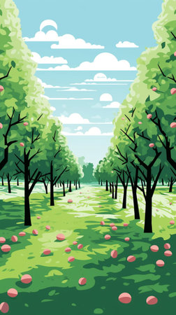 An apple orchard during spring with path between apple treesのイラスト素材