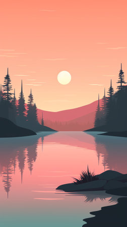 A cool misty lakeside during autumnのイラスト素材