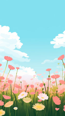 A bright meadow during spring with flowersのイラスト素材