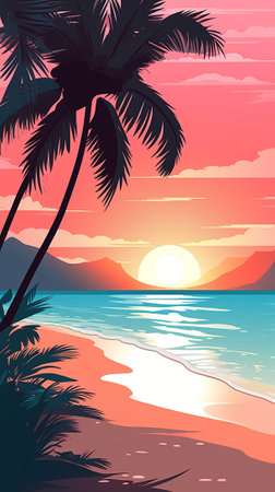Tropical beach at sunrise during summerのイラスト素材