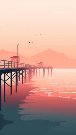 A foggy morning at the beach with a pier during autumnのイラスト素材