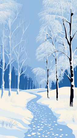 Birch lane covered in snow during winterのイラスト素材