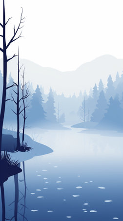 Calm misty forest with frozen lake during winterのイラスト素材