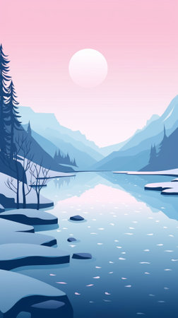 Fjord at twilight during winter seasonのイラスト素材