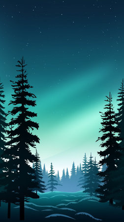 Pine forest under the northern lightsのイラスト素材