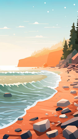 A rocky sand beach during sunsetのイラスト素材