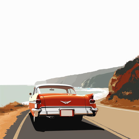 Vintage car on the road. Side view. Vector illustration.のイラスト素材