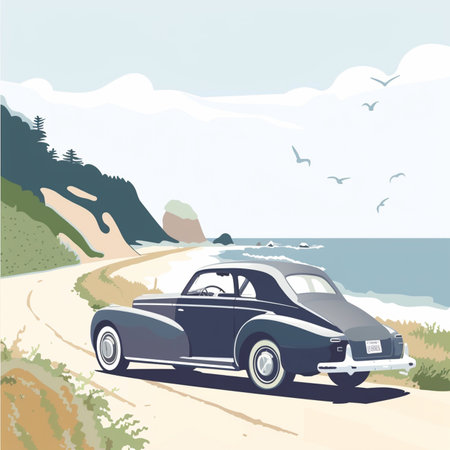 Vintage car on the beach. Vector illustration in retro style.のイラスト素材