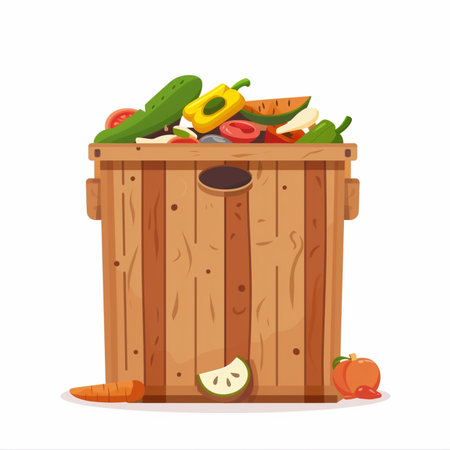 Wooden box full of fresh vegetables. Vector illustration in cartoon styleのイラスト素材
