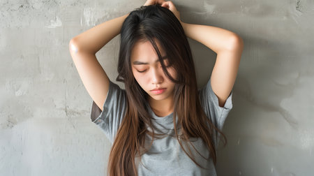 Young asian girl looking down with head behind her headの素材