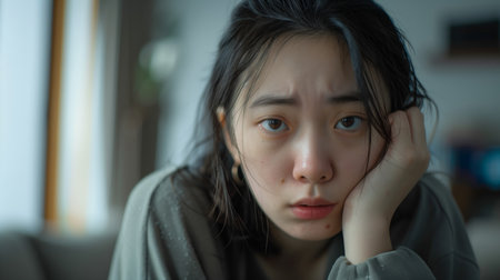 Concerned looking asian woman holding headの素材