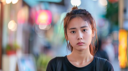 young asian woman looking into camera standing in the streetsの素材