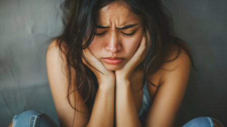 Young woman with distressed face holding headの素材