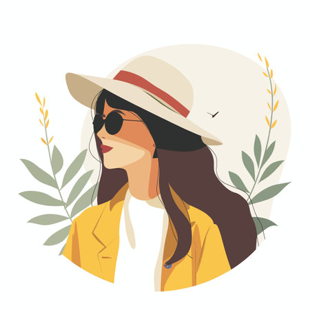 A woman wearing a yellow jacket and a straw hat with sunglasses on her face. She is looking at the cameraのイラスト素材