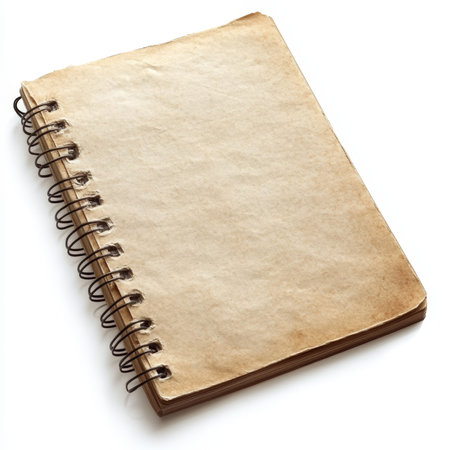 A spiral bound notebook with a white background. The notebook is empty and has a vintage look. The...
