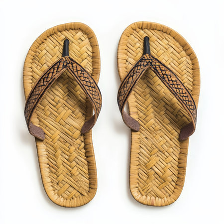 A pair of brown sandals with a woven design. The sandals are made of straw and have a brown and black color schemeの写真素材