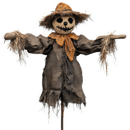 A scarecrow with a pumpkin face and a hat pointing to the right. The scarecrow is made of straw and has a creepy appearanceの写真素材