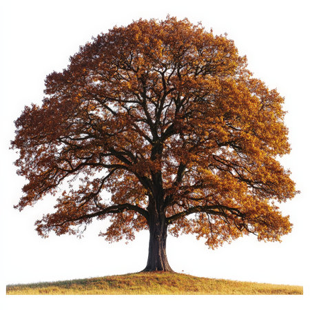 A large tree with leaves that are orange and yellow. The tree is standing on a hill. The tree is the main focus of the imageの写真素材