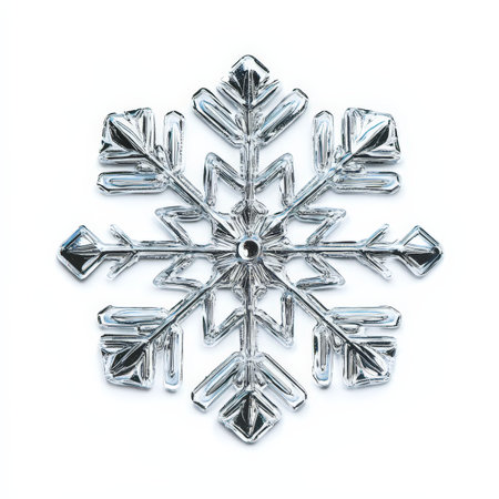 A snowflake made of metal is sitting on a white background. The snowflake is shiny and has a...