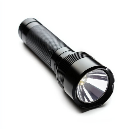 A black flashlight with a white light on it. The light is bright and illuminating. The flashlight is...