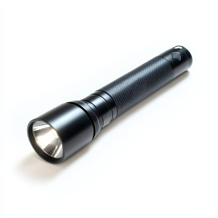 A black flashlight with a white lightの写真素材