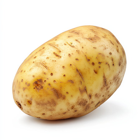 A large, unpeeled potato with a few brown spots. The potato is sitting on a white backgroundの写真素材