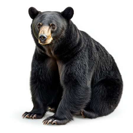 A black bear is sitting on a white background. The bear is looking at the camera with a curious expressionの写真素材
