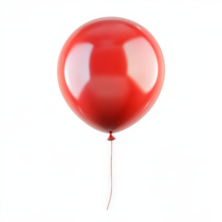 A red balloon with a red string attached to it. The balloon is floating in the air and he is the...