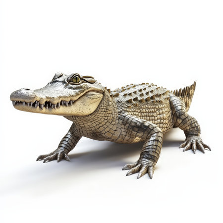 A white crocodile is standing on a white background. The crocodile has a mouth open and is looking at the cameraの写真素材
