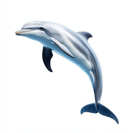 A dolphin is flying through the air. The dolphin is white and grayの写真素材