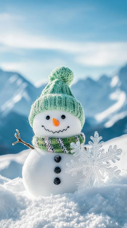 A snowman with a green hat and scarf holding a snowflake. Concept of winter wonder and playfulnessの写真素材