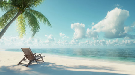 A beach chair is sitting on the sand next to the ocean. The sky is blue and there are clouds in the...