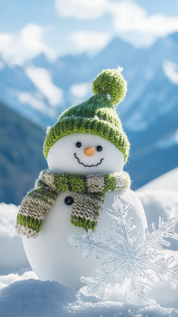 A snowman with a green hat and scarf is standing next to a snowflake. The scene is set in a snowy mountain landscape, with the snowman and snowflake creating a festive and cheerful atmosphereの写真素材