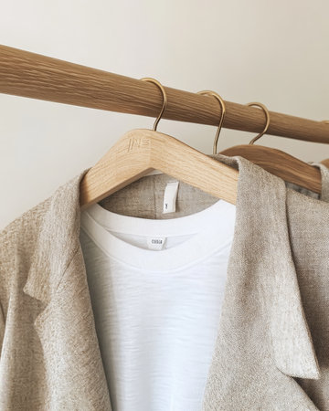 A white shirt is hanging on a wooden hanger. The shirt is white and has a pattern on it