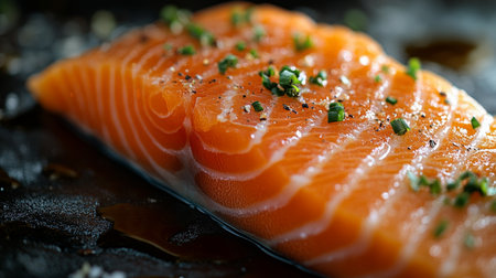 A piece of salmon with a sprinkle of parsley on top. The salmon is cut into thin slices and is served on a plateの写真素材