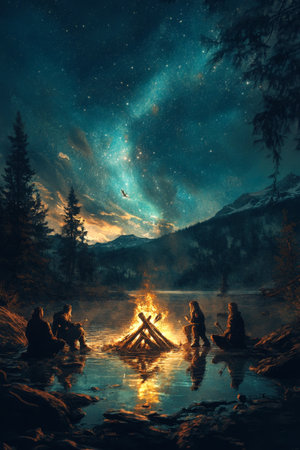 A group of people are sitting around a fire in the woods. The sky is dark and the stars are shining brightlyの写真素材