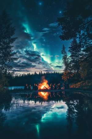 A group of people sit around a fire in a forest. The sky is dark and cloudy, and the water is calm