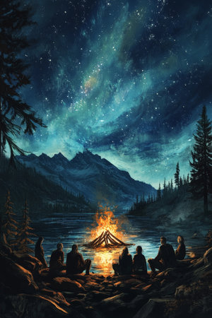 A group of people sitting around a fire in the woods. The sky is dark and the stars are shining brightlyの写真素材