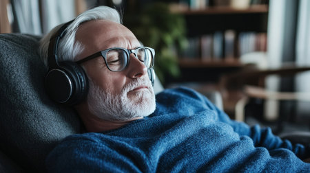 A man wearing glasses and headphones is laying down in a chair. He is relaxed and comfortableの写真素材
