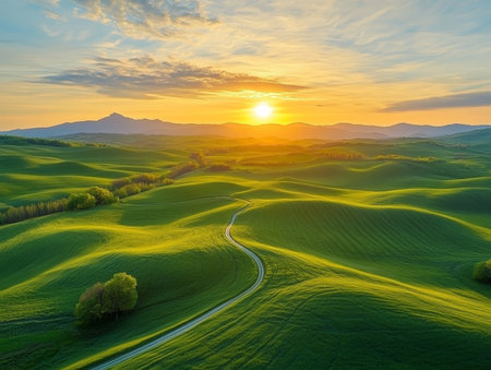 A beautiful landscape with a winding road and a tree in the foreground. The sun is setting, casting a warm glow over the fields. The scene is peaceful and serene, with the rolling hillsの写真素材
